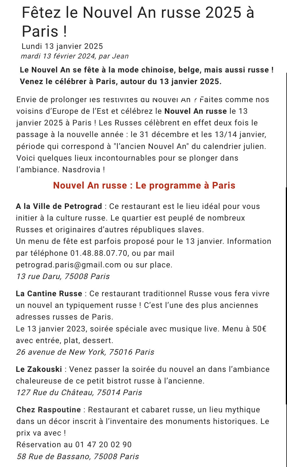 Page Internet. Fêtez le Nouvel An russe 2025 à Paris ! A la Ville de Petrograd, la Cantine russe, au Zakouski, chez Raspoutine. 2025-12-31